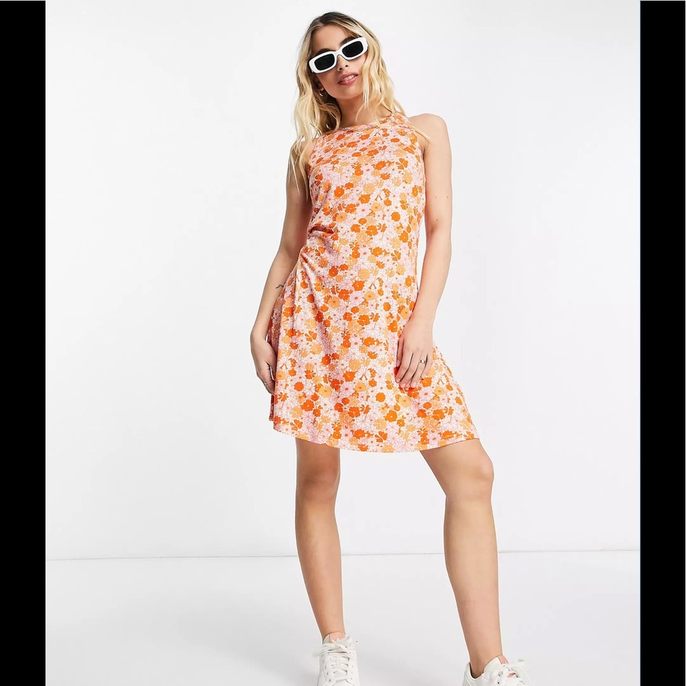 Pieces swing mini dress in 70s floral print